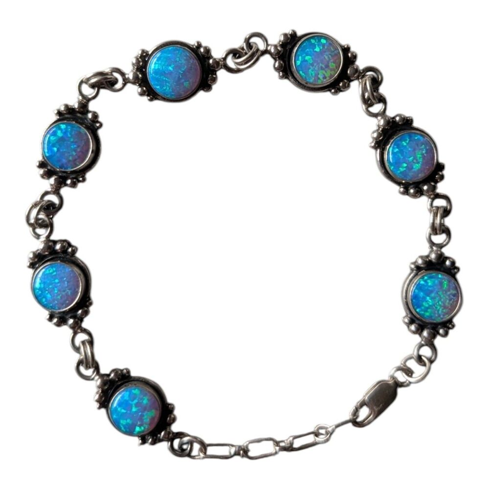 Vintage Sterling Silver Blue Opal Cabochon Link Bracelet • 925 Silver